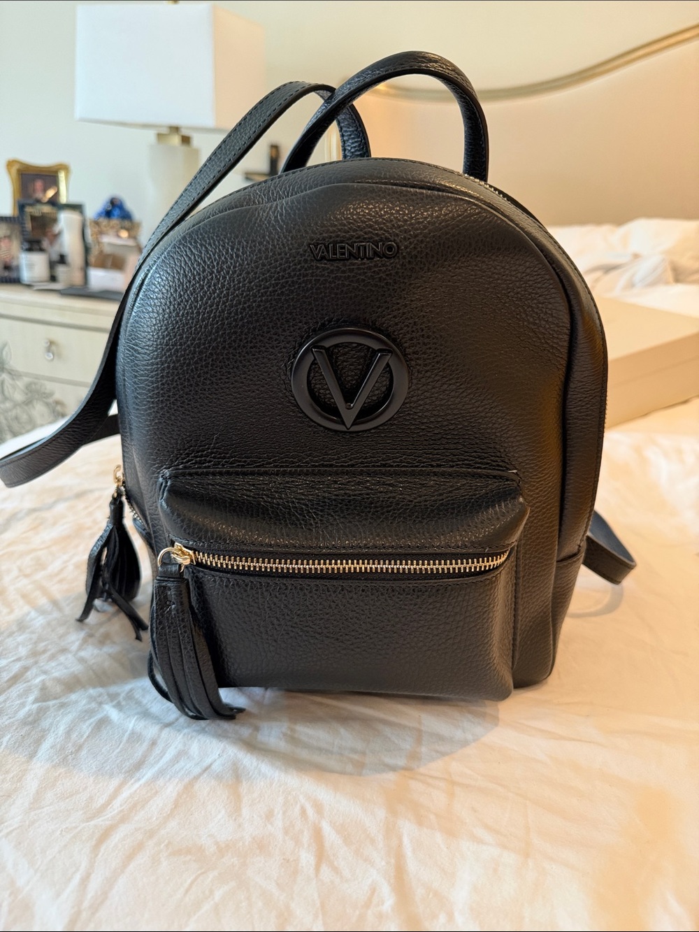 Valentino Black Pebbled Leather Mini Backpack with Tassel Zip